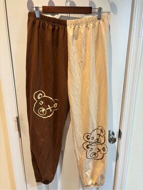 SHEIN Two-Tone Brown and Cream Teddy Bear Track Pants